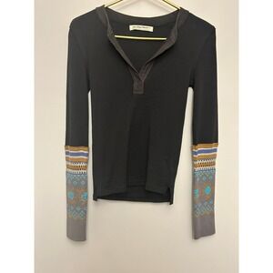 We The Free Black Thermal Henley Long Sleeve Top Fair Isle Cuffs XS